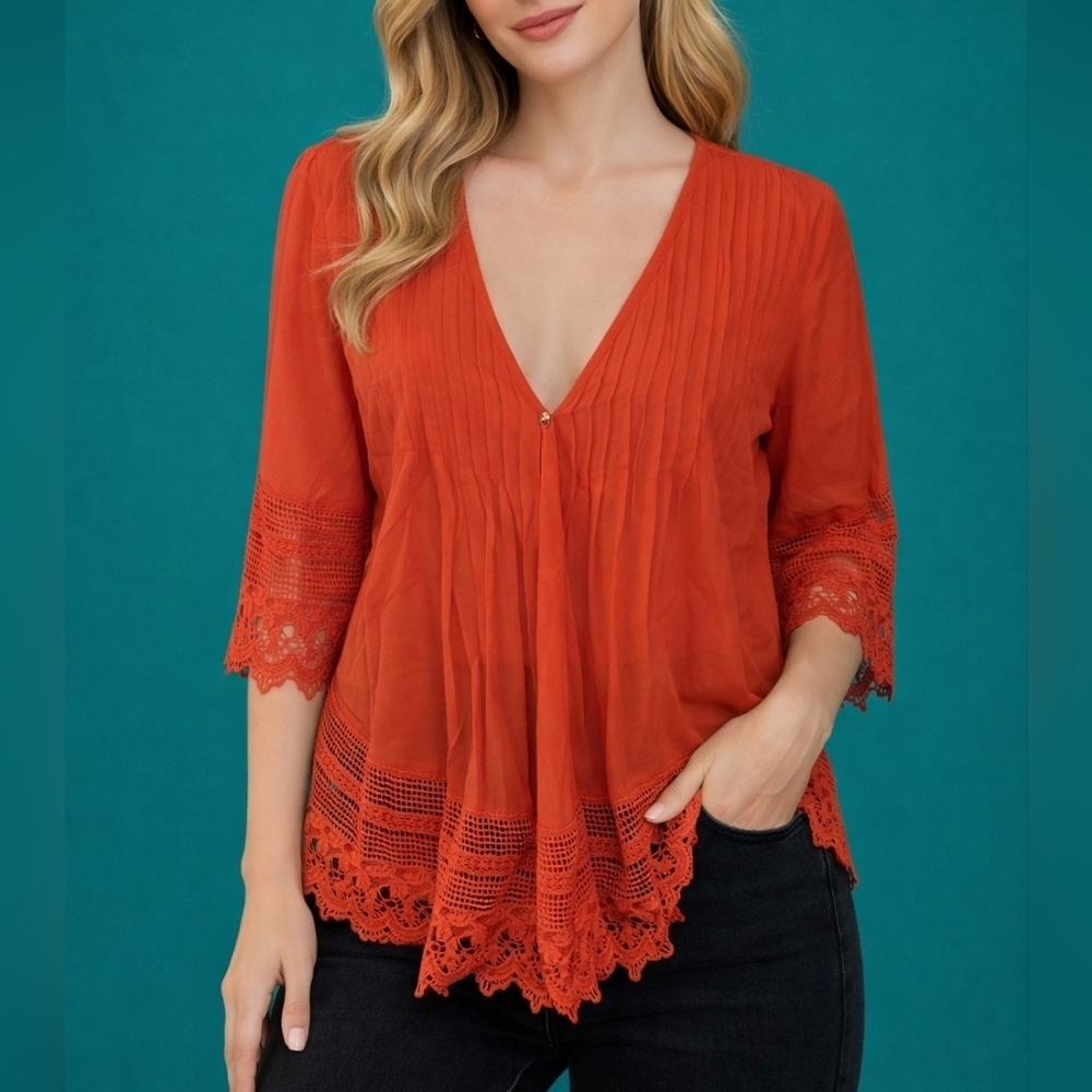 V CRISTINA Coral Crochet Lace Pintucked Kimono Festival Blouse